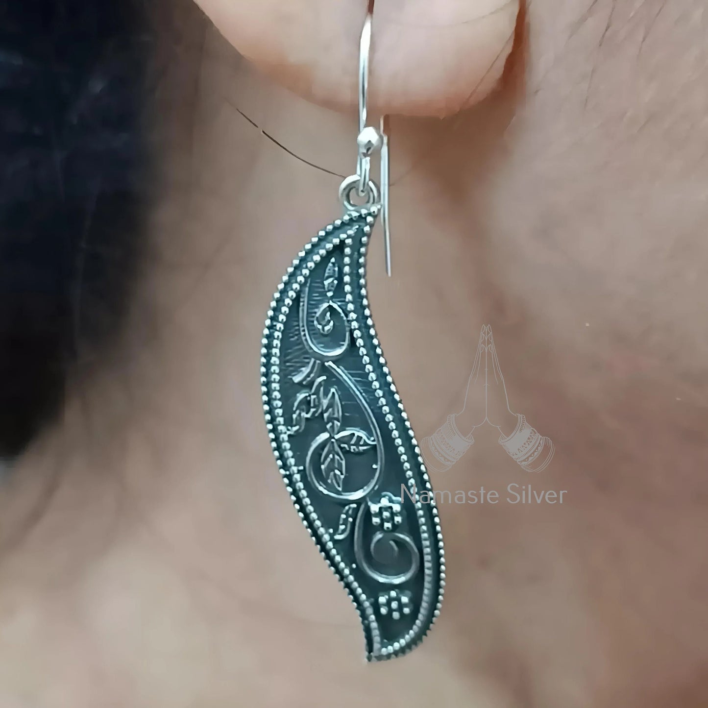 Floral Paisley Earrings, 925 Sterling Silver Dangle Drop Earrings, Paisley Leaf Oxidized Silver Handmade Indian Jewelry, Unique Gift for Her