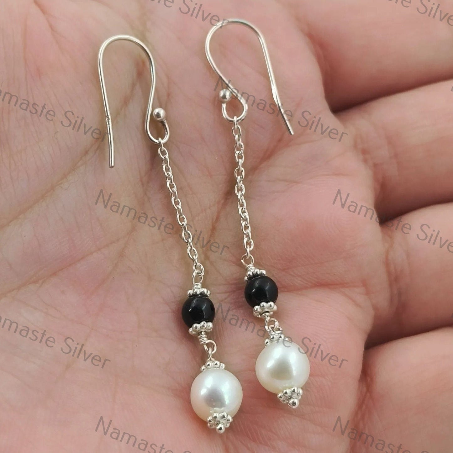 Pearl, Black Onyx Earrings, 925 Sterling Silver Dangle Earrings, Freshwater Pearl Black Onyx Round Beads Handmade Jewelry, Cute Gift for her