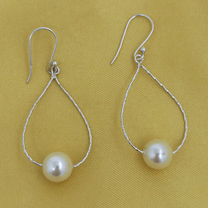 Pearl Earrings, 925 Sterling Silver Dangle Drop Earrings, Freshwater Pearl Round Beads Handmade Boho Earrings, June Birthstone, Gift for Her
