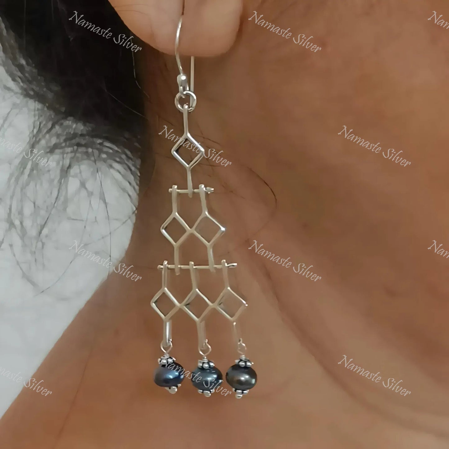 Grey Pearl Earrings, 925 Sterling Silver Dangle Earrings, Freshwater Pearls Geometric Design Handmade Jewelry, June Birthstone, Gift for Her