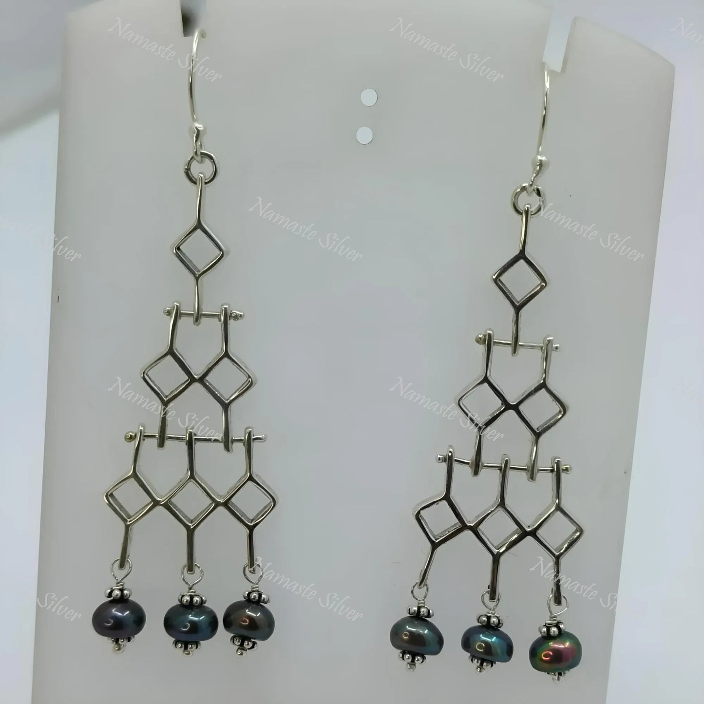 Grey Pearl Earrings, 925 Sterling Silver Dangle Earrings, Freshwater Pearls Geometric Design Handmade Jewelry, June Birthstone, Gift for Her