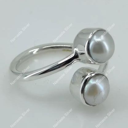 Dual Pearl Ring, 925 Sterling Silver Adjustable Promise Ring, Freshwater Pearl Handmade Boho Jewelry, June Birthstone, Dainty Gift for Her