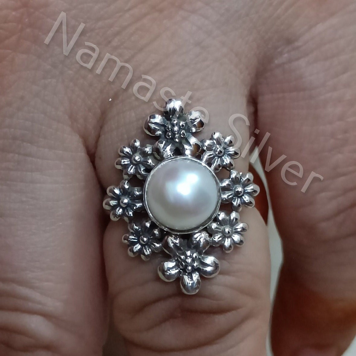 Pearl Ring, 925 Sterling Silver Ring Statement Promise Ring, Freshwater Pearl Floral Handmade Jewelry, June Birthstone, Unique Gift for Her