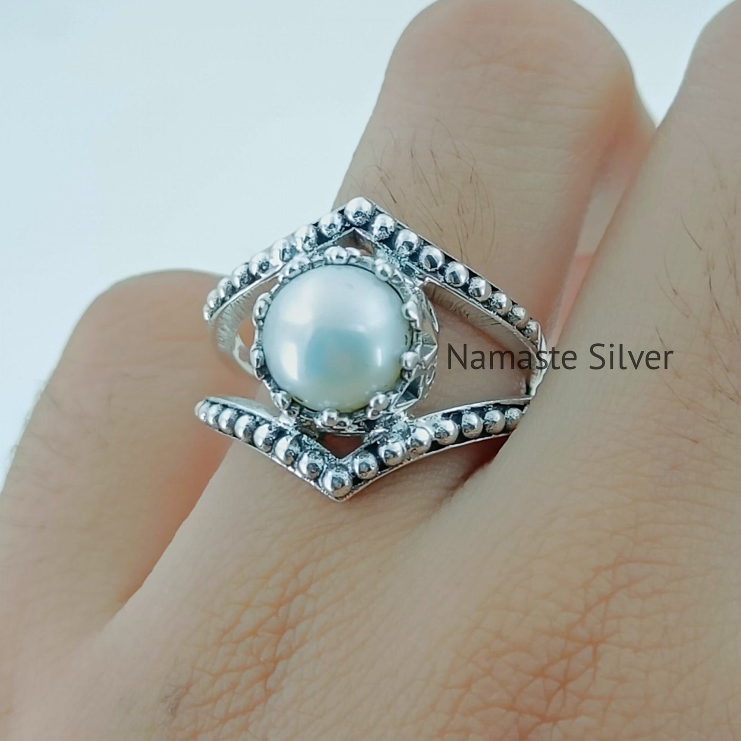 Pearl Ring, 925 Sterling Silver Statement Promise Ring for Women, Freshwater Pearl Handmade Boho Jewelry, June Birthstone Ring, Gift for her