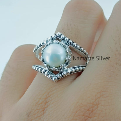 Pearl Ring, 925 Sterling Silver Statement Promise Ring for Women, Freshwater Pearl Handmade Boho Jewelry, June Birthstone Ring, Gift for her