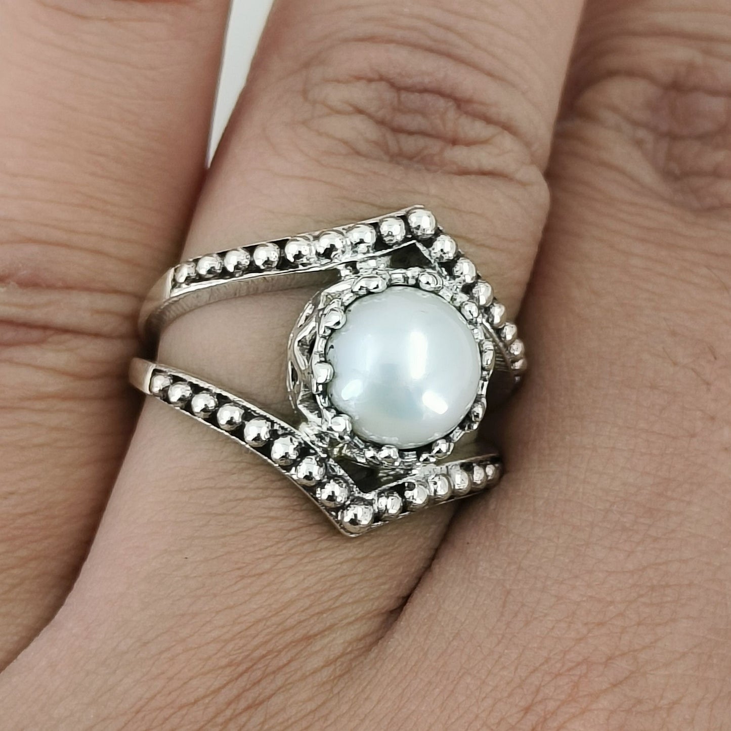 Pearl Ring, 925 Sterling Silver Statement Promise Ring for Women, Freshwater Pearl Handmade Boho Jewelry, June Birthstone Ring, Gift for her
