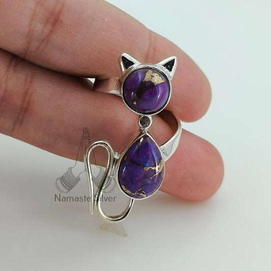 Purple Turquoise Cat Ring, 925 Sterling Silver Handmade Promise Ring, Purple Copper Turquoise Cat Jewelry, Birthstone Gift for Cat Lovers