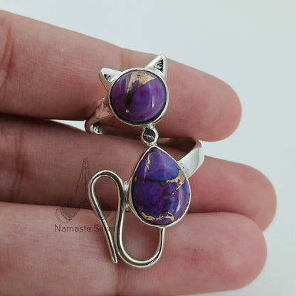 Purple Turquoise Cat Ring, 925 Sterling Silver Handmade Promise Ring, Purple Copper Turquoise Cat Jewelry, Birthstone Gift for Cat Lovers