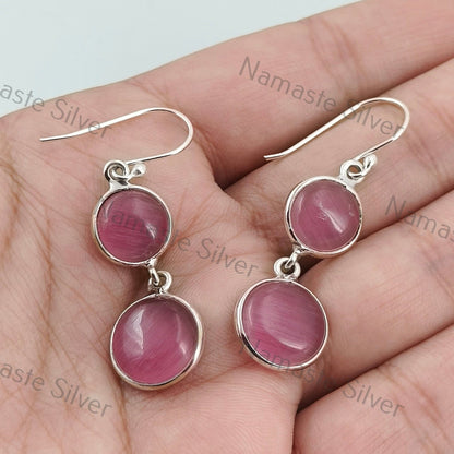 Monalisa Earrings, 925 Sterling Silver Dangle Drop Earrings, Pink Monalisa Round Gemstone Handmade Boho Jewelry, Gift for Her Birthday