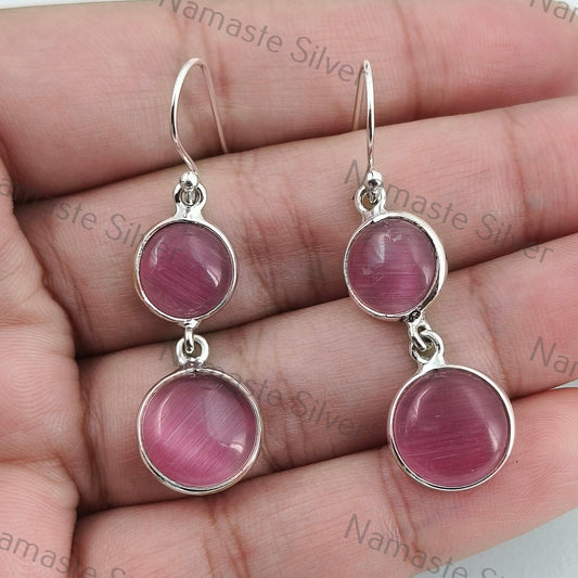 Monalisa Earrings, 925 Sterling Silver Dangle Drop Earrings, Pink Monalisa Round Gemstone Handmade Boho Jewelry, Gift for Her Birthday