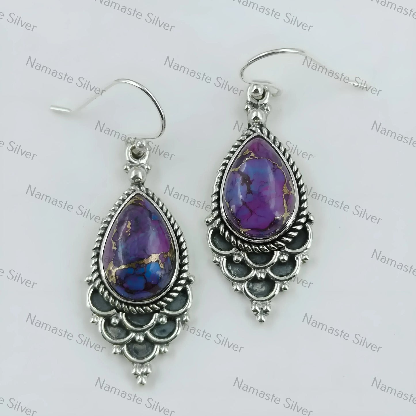 Purple Turquoise Earrings, 925 Sterling Silver Dangle Drop Earrings, Handmade Purple Copper Pear-Shaped Turquoise Gemstone Boho Jewelry Gift