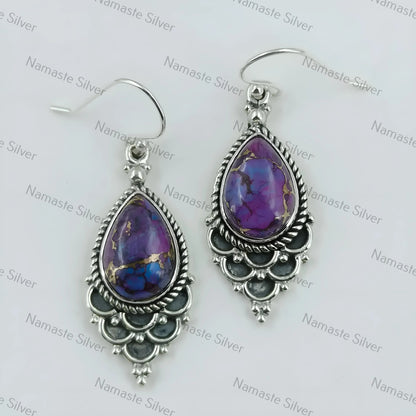 Purple Turquoise Earrings, 925 Sterling Silver Dangle Drop Earrings, Handmade Purple Copper Pear-Shaped Turquoise Gemstone Boho Jewelry Gift