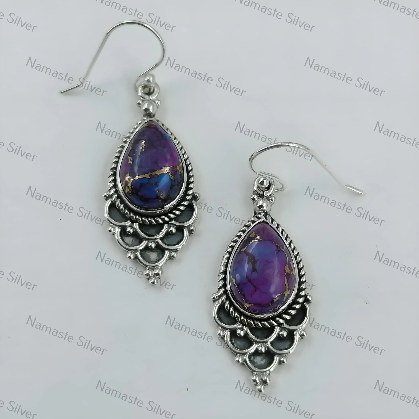 Purple Turquoise Earrings, 925 Sterling Silver Dangle Drop Earrings, Handmade Purple Copper Pear-Shaped Turquoise Gemstone Boho Jewelry Gift