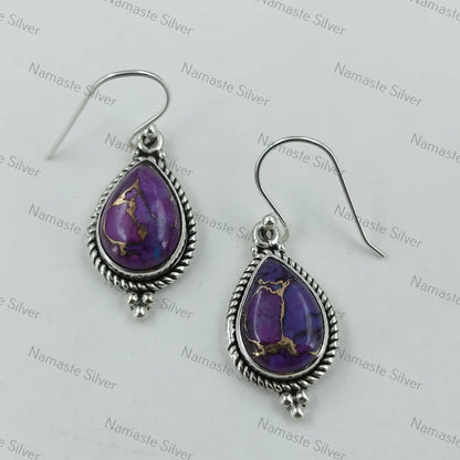 Purple Copper Turquoise Earrings, 925 Sterling Silver Dangle Earrings, Handmade Teardrop Jewelry, December Birthstone Gift for Her Birthday