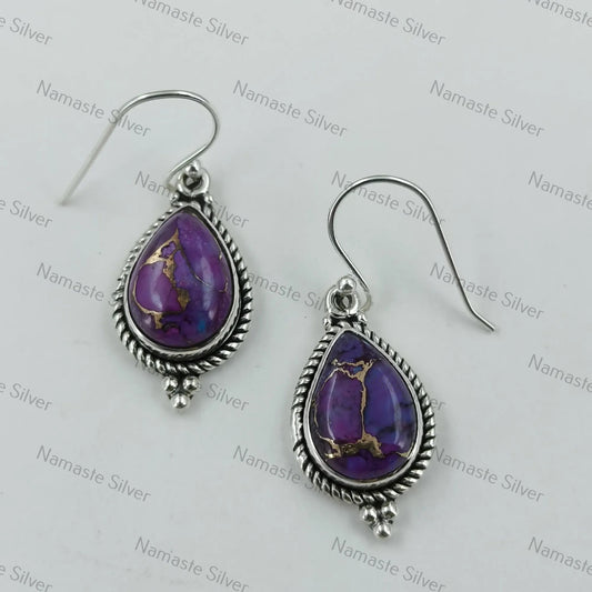 Purple Copper Turquoise Earrings, 925 Sterling Silver Dangle Earrings, Handmade Teardrop Jewelry, December Birthstone Gift for Her Birthday