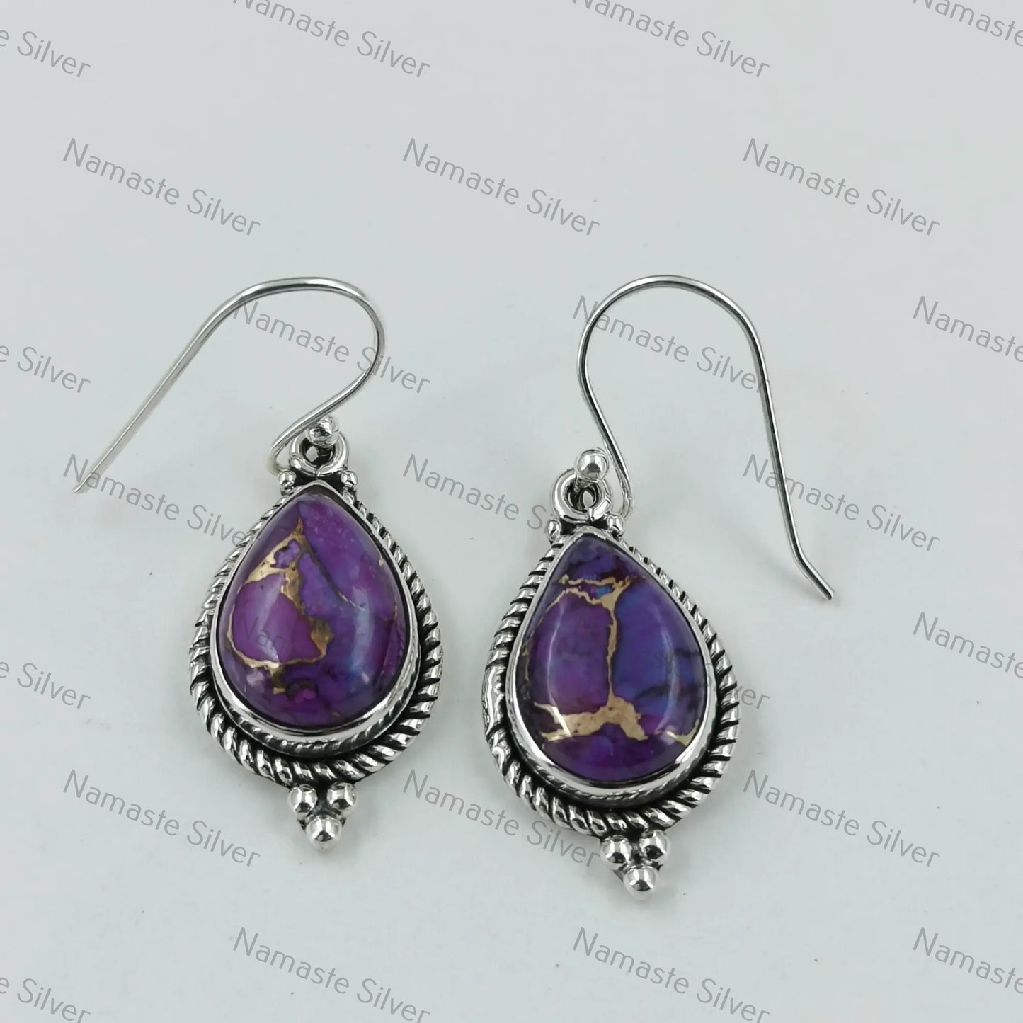 Purple Copper Turquoise Earrings, 925 Sterling Silver Dangle Earrings, Handmade Teardrop Jewelry, December Birthstone Gift for Her Birthday