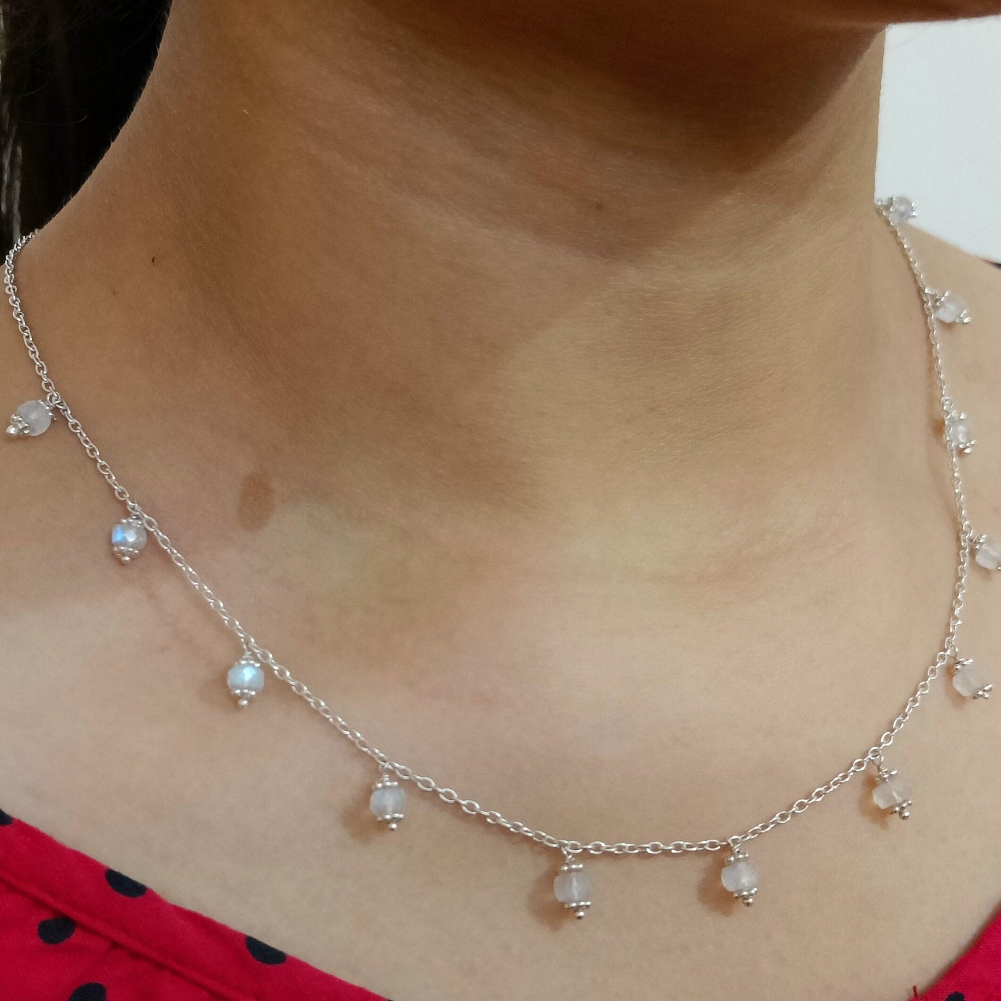 Rainbow Moonstone Beads Silver Handmade Necklace Minimalist Gemstone Jewelry Gift for her Birthday Anniversary Engagement Wedding Valentines