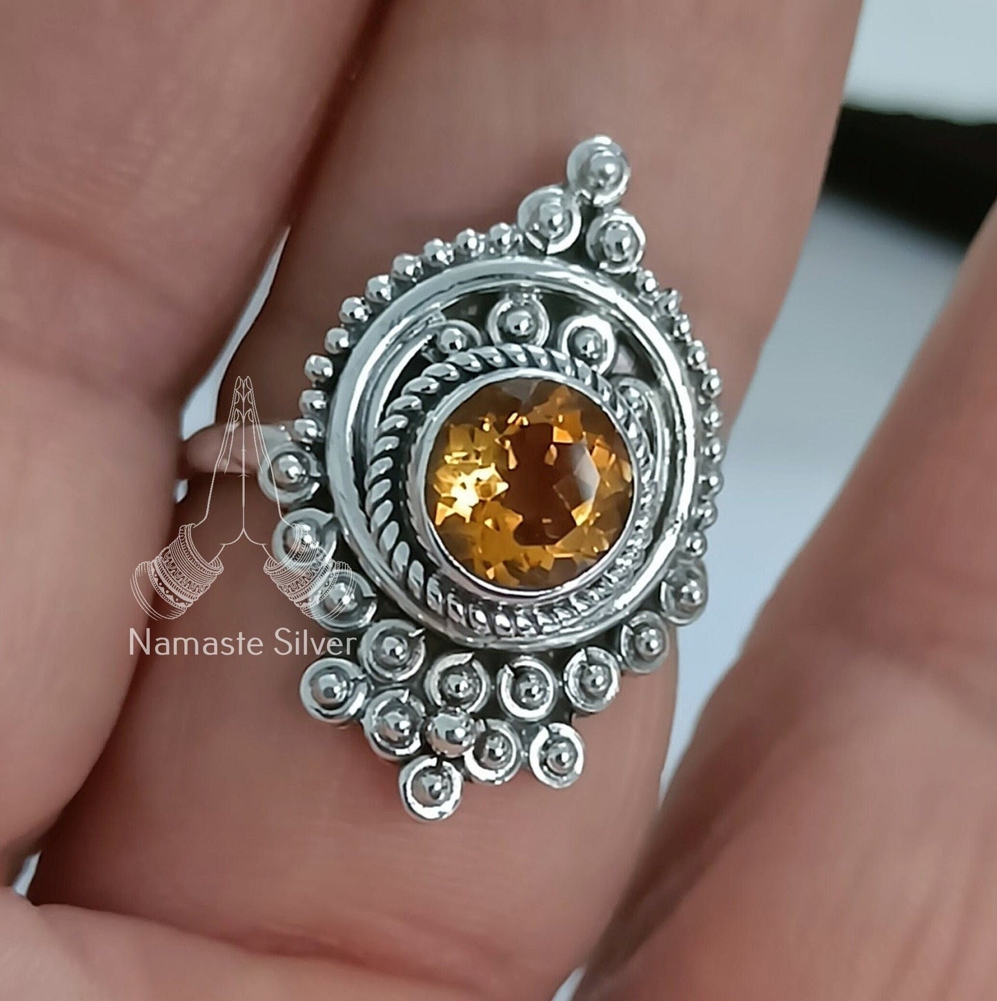 Citrine Ring, 925 Sterling Silver Promise Ring, Natural Yellow Citrine Round Gemstone Handmade Jewelry, November Birthstone, Gift For Her