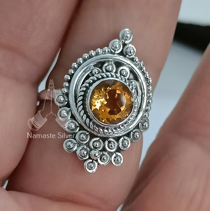 Citrine Ring, 925 Sterling Silver Promise Ring, Natural Yellow Citrine Round Gemstone Handmade Jewelry, November Birthstone, Gift For Her