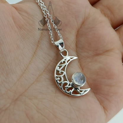 Moonstone Necklace, 925 Sterling Silver Crescent Moon Pendant, Natural Rainbow Moonstone Round Gemstone Handmade Boho Jewelry, Gift for Her