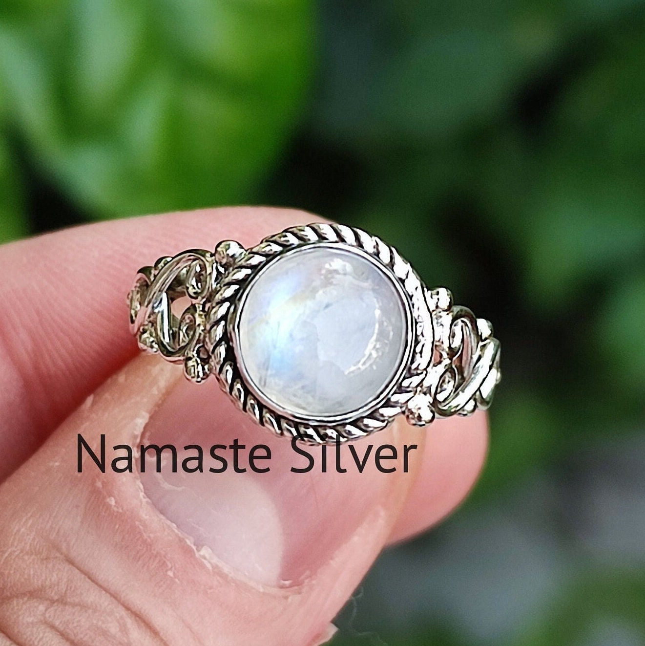 Moonstone Ring, 925 Sterling Silver Statement Promise Ring, Natural Rainbow Moonstone Round Handmade Jewelry, June Birthstone, Gift for her