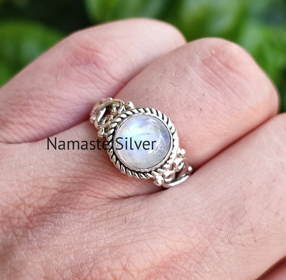 Moonstone Ring, 925 Sterling Silver Statement Promise Ring, Natural Rainbow Moonstone Round Handmade Jewelry, June Birthstone, Gift for her