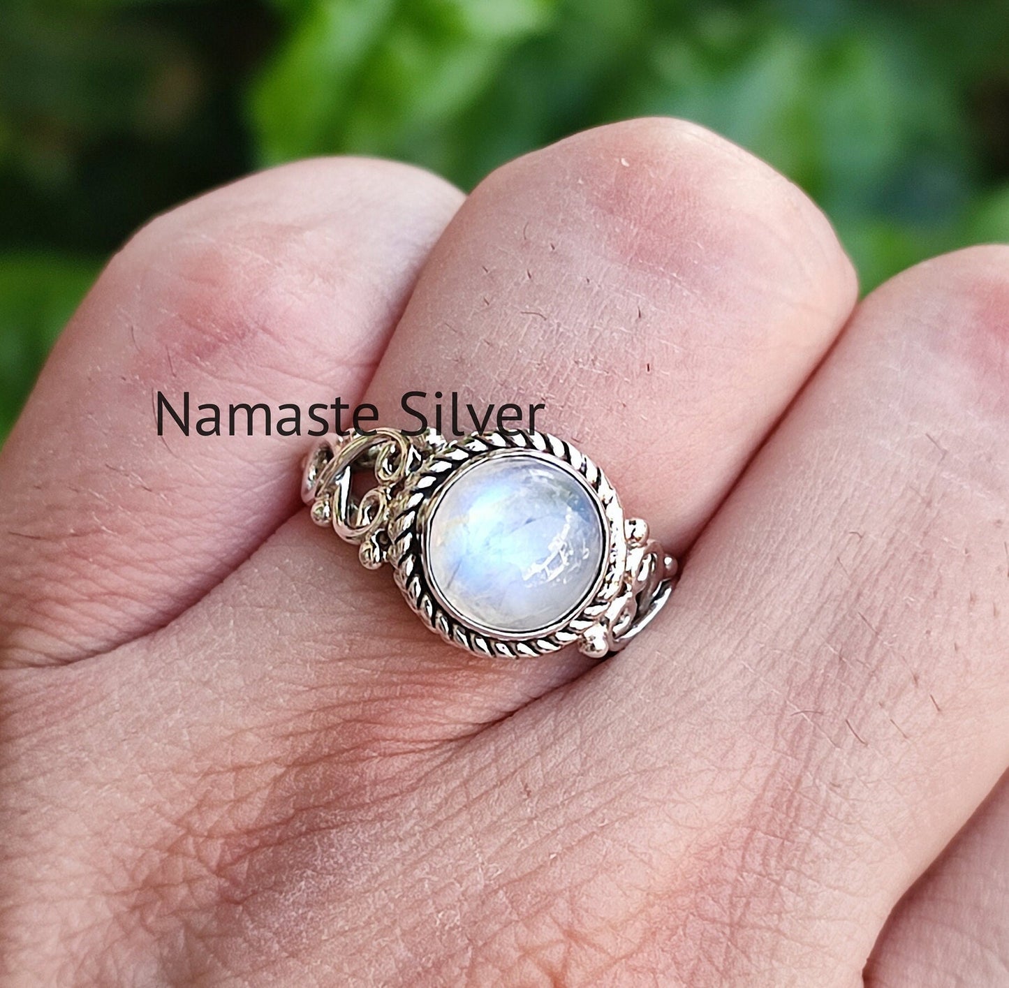 Moonstone Ring, 925 Sterling Silver Statement Promise Ring, Natural Rainbow Moonstone Round Handmade Jewelry, June Birthstone, Gift for her