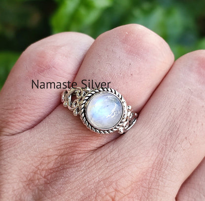 Moonstone Ring, 925 Sterling Silver Statement Promise Ring, Natural Rainbow Moonstone Round Handmade Jewelry, June Birthstone, Gift for her