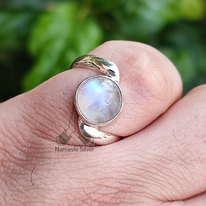 Rainbow Moonstone Ring, 925 Sterling Silver Handmade Statement Ring, Natural Moonstone Round Gemstone Jewelry, June Birthstone Gift for her