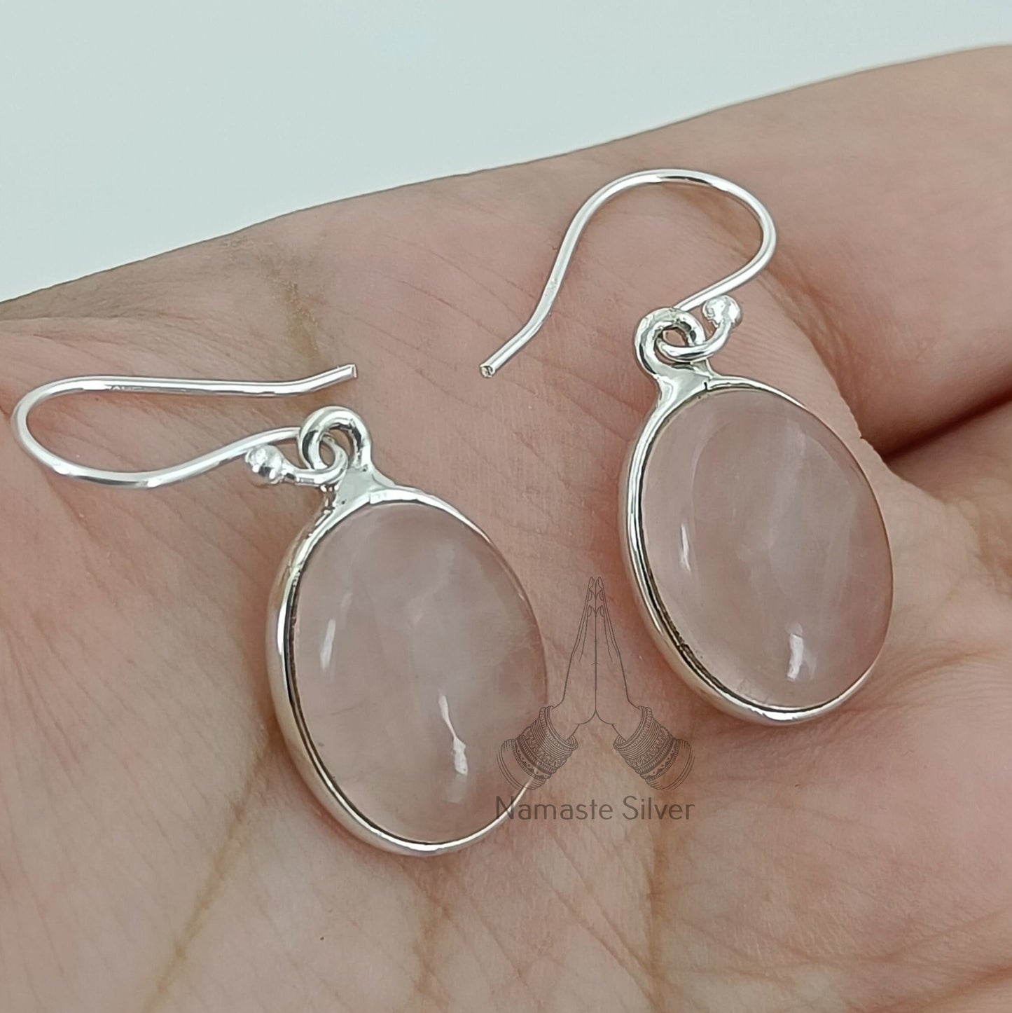 Rose Quartz  Earrings, 925 Sterling Silver Dangle Earrings,  Natural Pink Gemstone Oval Handmade Jewelry, January Birthstone, Gift for her