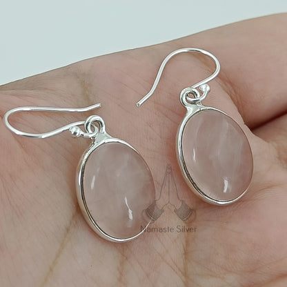 Rose Quartz  Earrings, 925 Sterling Silver Dangle Earrings,  Natural Pink Gemstone Oval Handmade Jewelry, January Birthstone, Gift for her