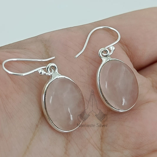Rose Quartz  Earrings, 925 Sterling Silver Dangle Earrings,  Natural Pink Gemstone Oval Handmade Jewelry, January Birthstone, Gift for her