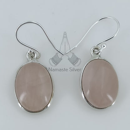 Rose Quartz  Earrings, 925 Sterling Silver Dangle Earrings,  Natural Pink Gemstone Oval Handmade Jewelry, January Birthstone, Gift for her
