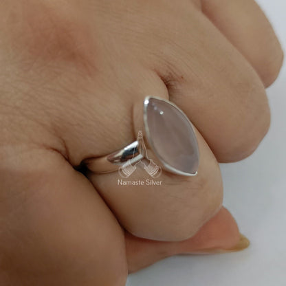 Rose Quartz Ring, 925 Sterling Silver Statement Promise Ring, Handmade Natural Pink Gemstone Marquise Boho Jewelry, Birthstone Gift for Her