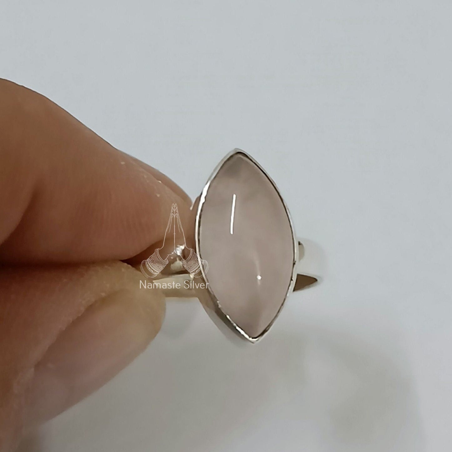 Rose Quartz Ring, 925 Sterling Silver Statement Promise Ring, Handmade Natural Pink Gemstone Marquise Boho Jewelry, Birthstone Gift for Her