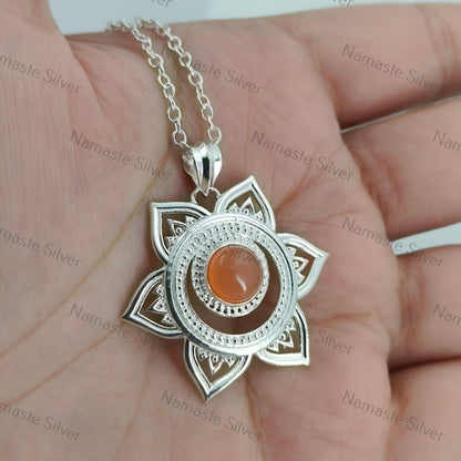Sacral Chakra Necklace, 925 Sterling Silver Svadhisthana Chakra Pendant, Natural Peach Moonstone Gemstone Handmade Chakra Meditation Jewelry