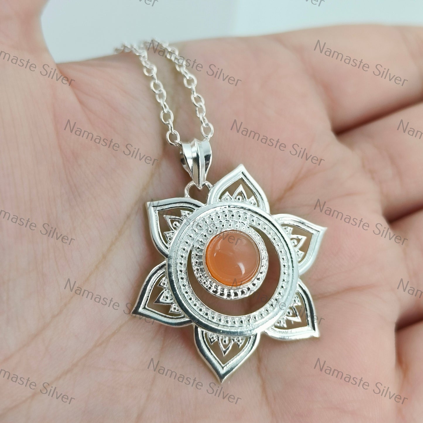 Sacral Chakra Necklace, 925 Sterling Silver Svadhisthana Chakra Pendant, Natural Peach Moonstone Gemstone Handmade Chakra Meditation Jewelry