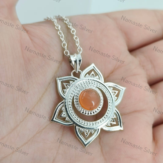 Sacral Chakra Necklace, 925 Sterling Silver Svadhisthana Chakra Pendant, Natural Peach Moonstone Gemstone Handmade Chakra Meditation Jewelry