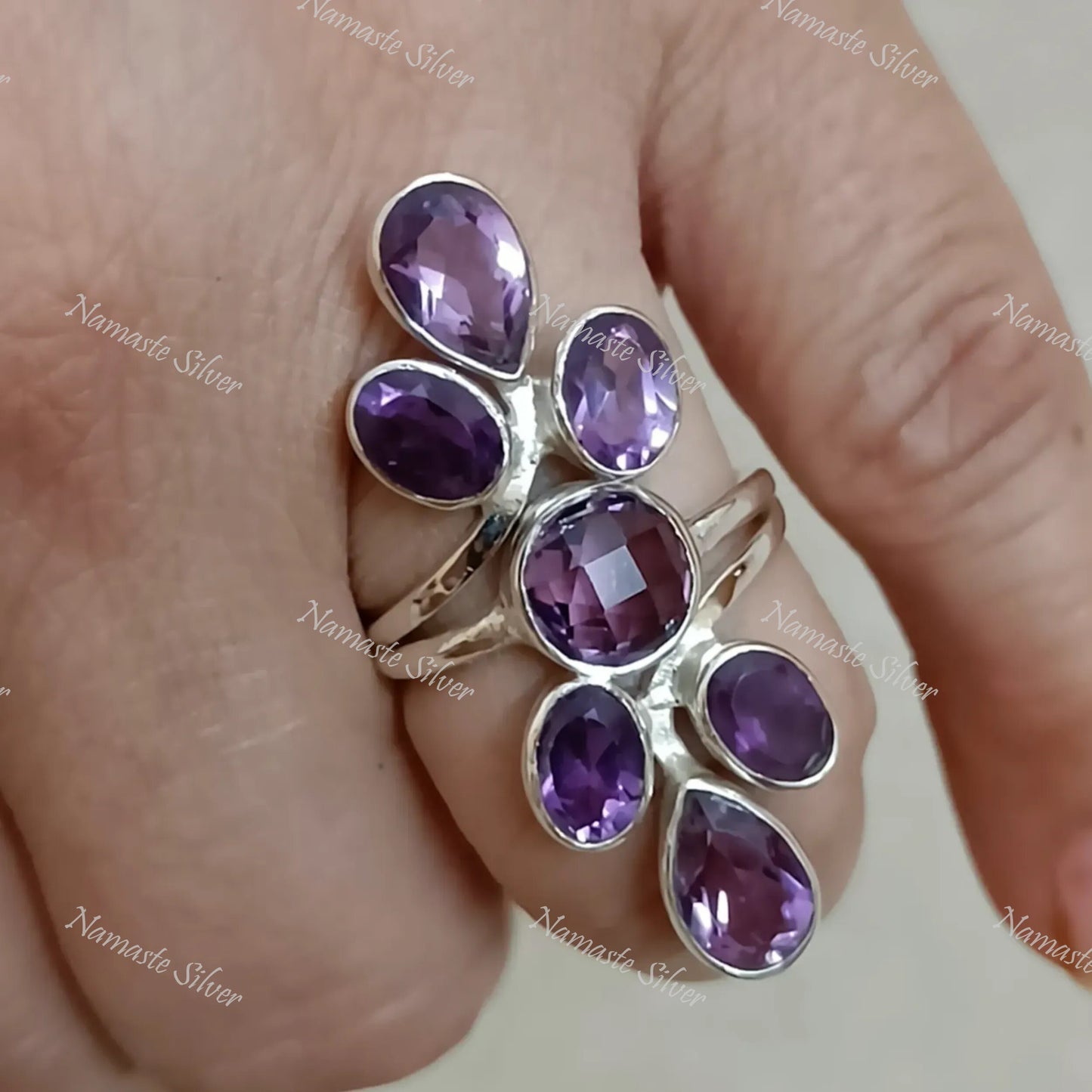 Amethyst Ring, 925 Sterling Silver Handmade Statement Promise Ring, Natural Amethyst Gemstone Boho Jewelry, February Birthstone Gift for Her
