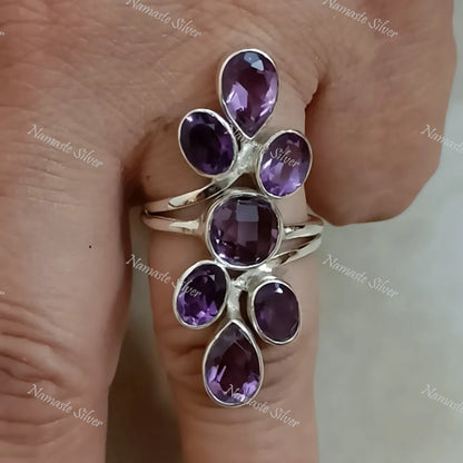 Amethyst Ring, 925 Sterling Silver Handmade Statement Promise Ring, Natural Amethyst Gemstone Boho Jewelry, February Birthstone Gift for Her