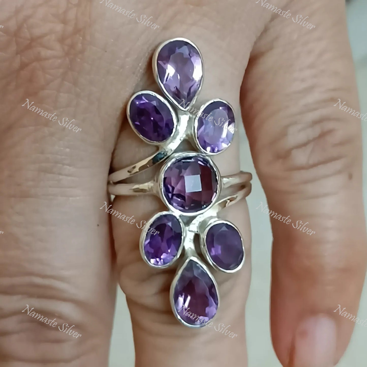 Amethyst Ring, 925 Sterling Silver Handmade Statement Promise Ring, Natural Amethyst Gemstone Boho Jewelry, February Birthstone Gift for Her