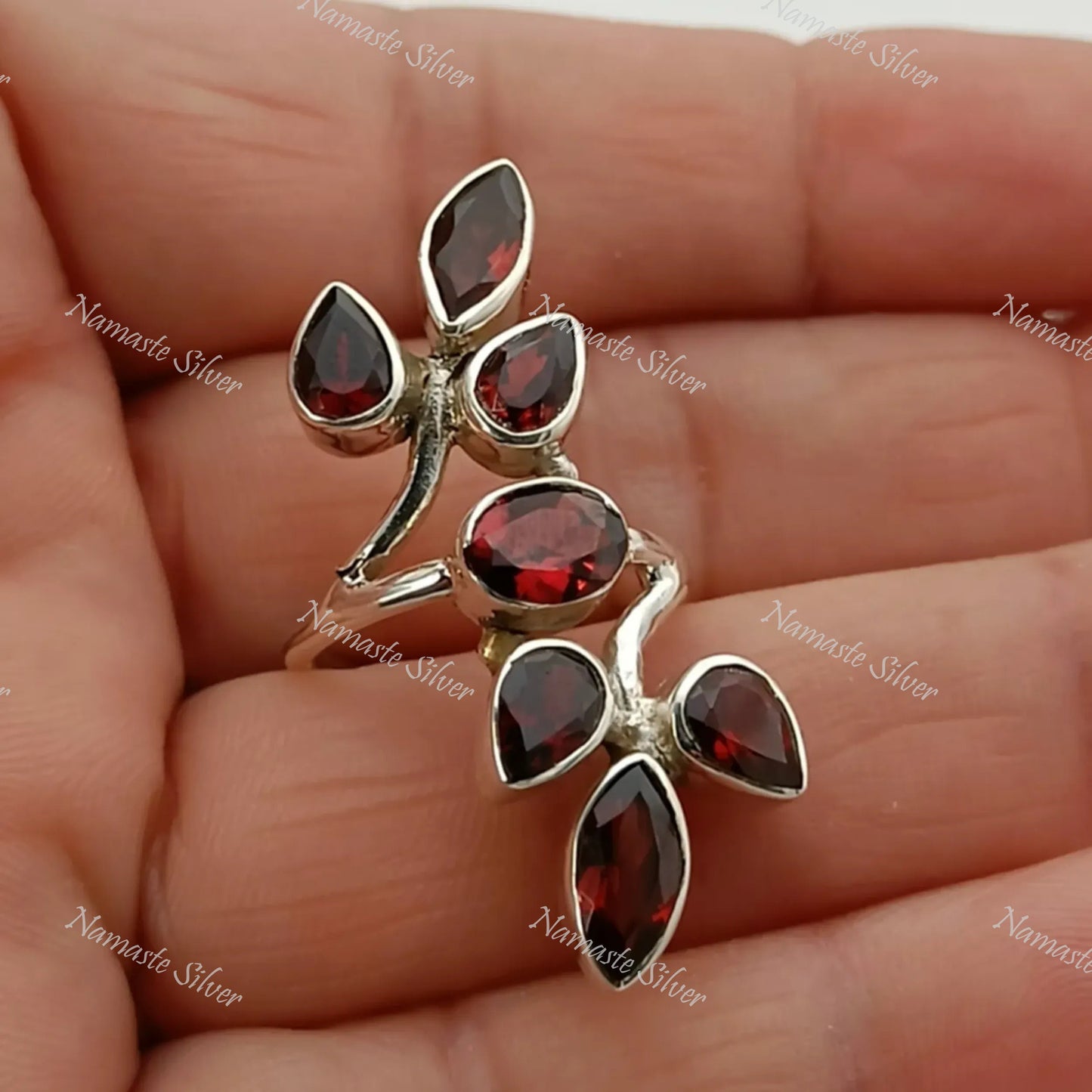 Garnet Ring, 925 Sterling Silver Statement Promise Ring, Natural Garnet Multi Gemstone Handmade Jewelry, January Birthstone, Gift for Her