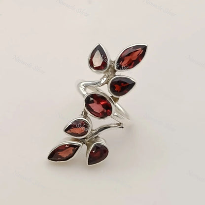 Garnet Ring, 925 Sterling Silver Statement Promise Ring, Natural Garnet Multi Gemstone Handmade Jewelry, January Birthstone, Gift for Her