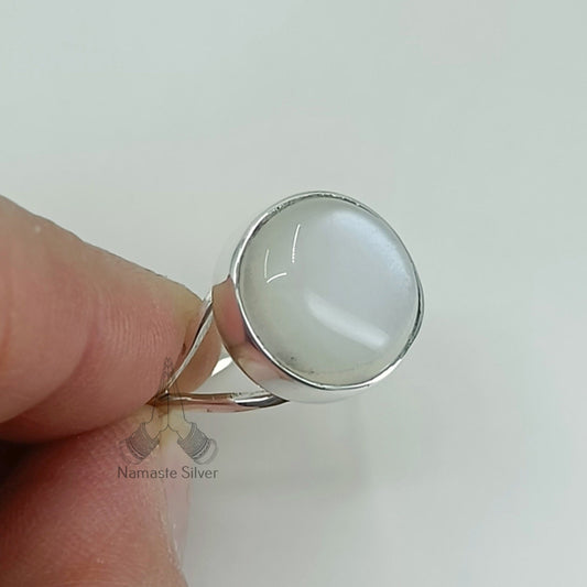 Moonstone Ring, 925 Sterling Silver Statement Promise Ring, Natural Moonstone Round Gemstone Boho Jewelry, June Birthstone, Gift for her