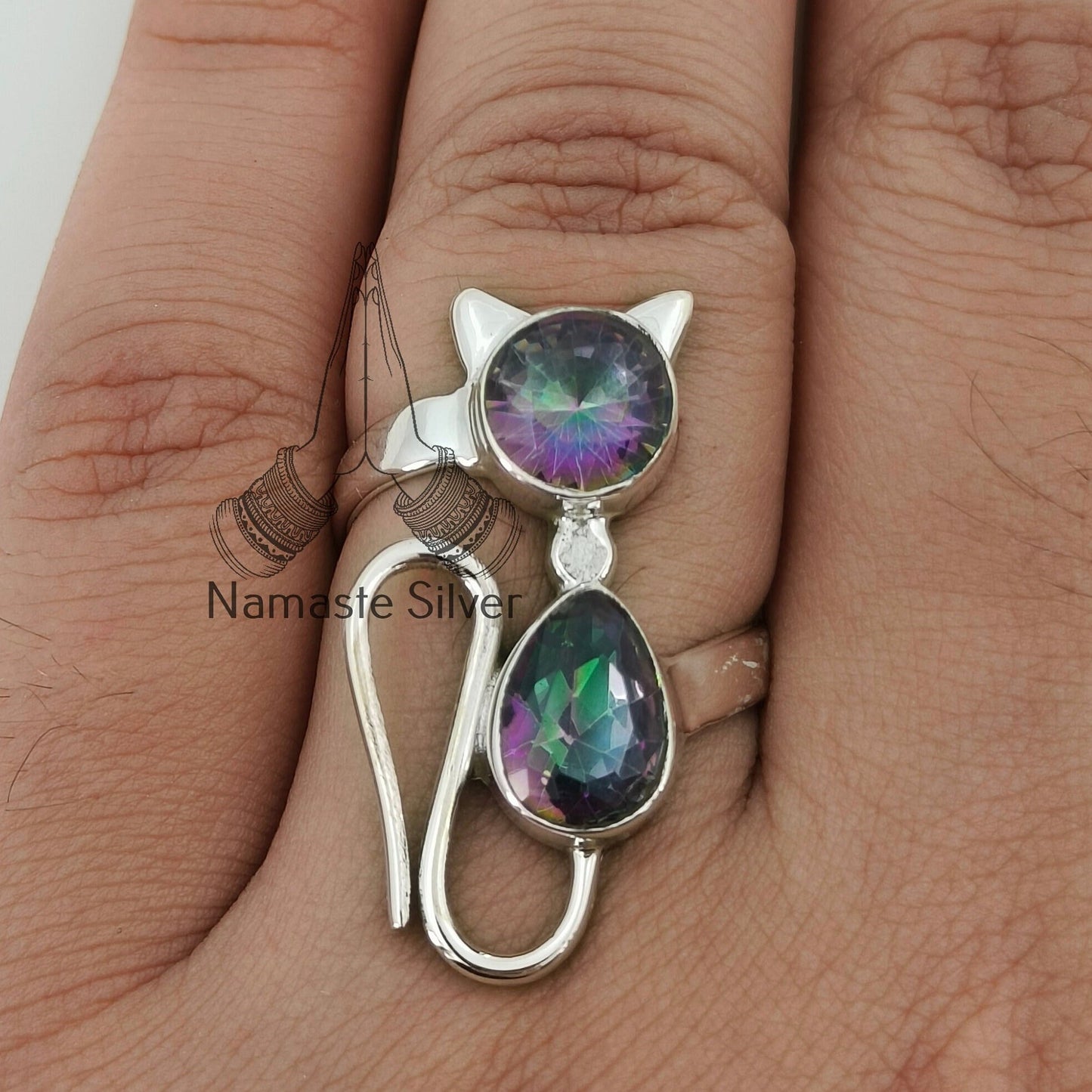 Aurora Mystic Topaz Ring, 925 Sterling Silver Promise Ring, Mystique Topaz Dual Gemstone Handmade Cat Jewelry, November Birthstone Gift