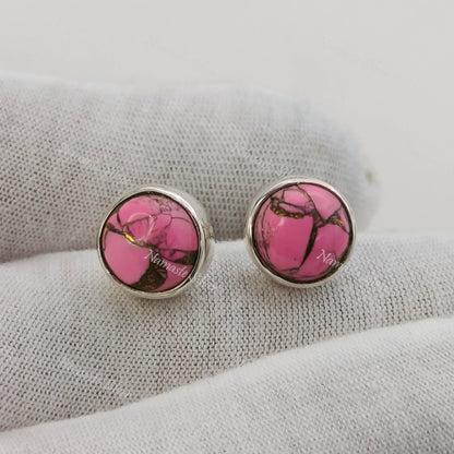 Pink Turquoise Stud Earrings, 925 Sterling Silver Stud Posts, Pink Copper Turquoise Round Gemstone Handmade Jewelry, Minimalist Gift For Her