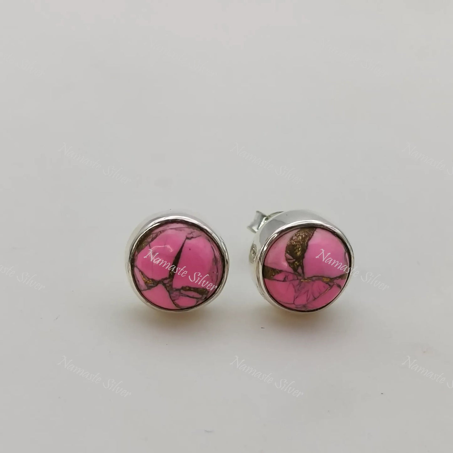 Pink Turquoise Stud Earrings, 925 Sterling Silver Stud Posts, Pink Copper Turquoise Round Gemstone Handmade Jewelry, Minimalist Gift For Her
