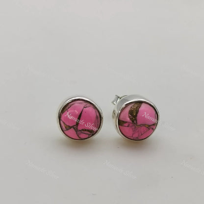 Pink Turquoise Stud Earrings, 925 Sterling Silver Stud Posts, Pink Copper Turquoise Round Gemstone Handmade Jewelry, Minimalist Gift For Her