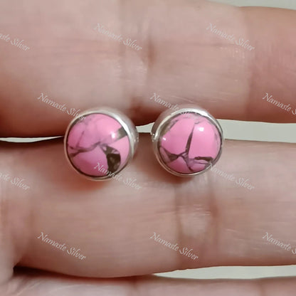 Pink Turquoise Stud Earrings, 925 Sterling Silver Stud Posts, Pink Copper Turquoise Round Gemstone Handmade Jewelry, Minimalist Gift For Her