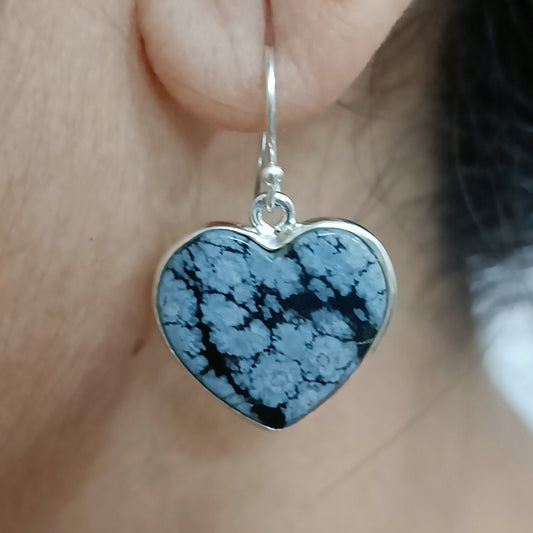 Snowflake Obsidian Earrings, 925 Sterling Silver Dangle Earrings, Natural Obsidian Gemstone Heart Shape Handmade Boho Jewelry, Gift For Her